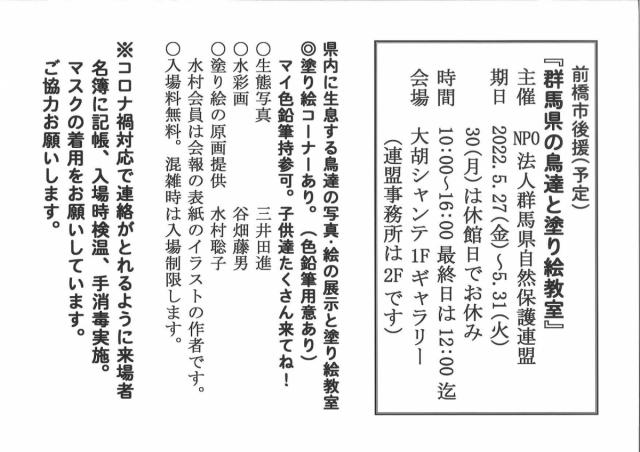 5/27(金)～31(火)「群馬県の鳥達と塗り絵教室」開催！