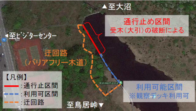 覚満淵木道の一部通行止めならびに迂回路のお知らせ